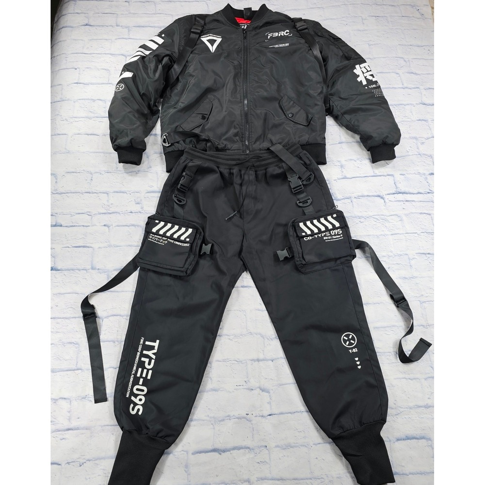 Fabric of the Universe Techwear Set Mens XL Black Bomber Jacket Cargo Joggers